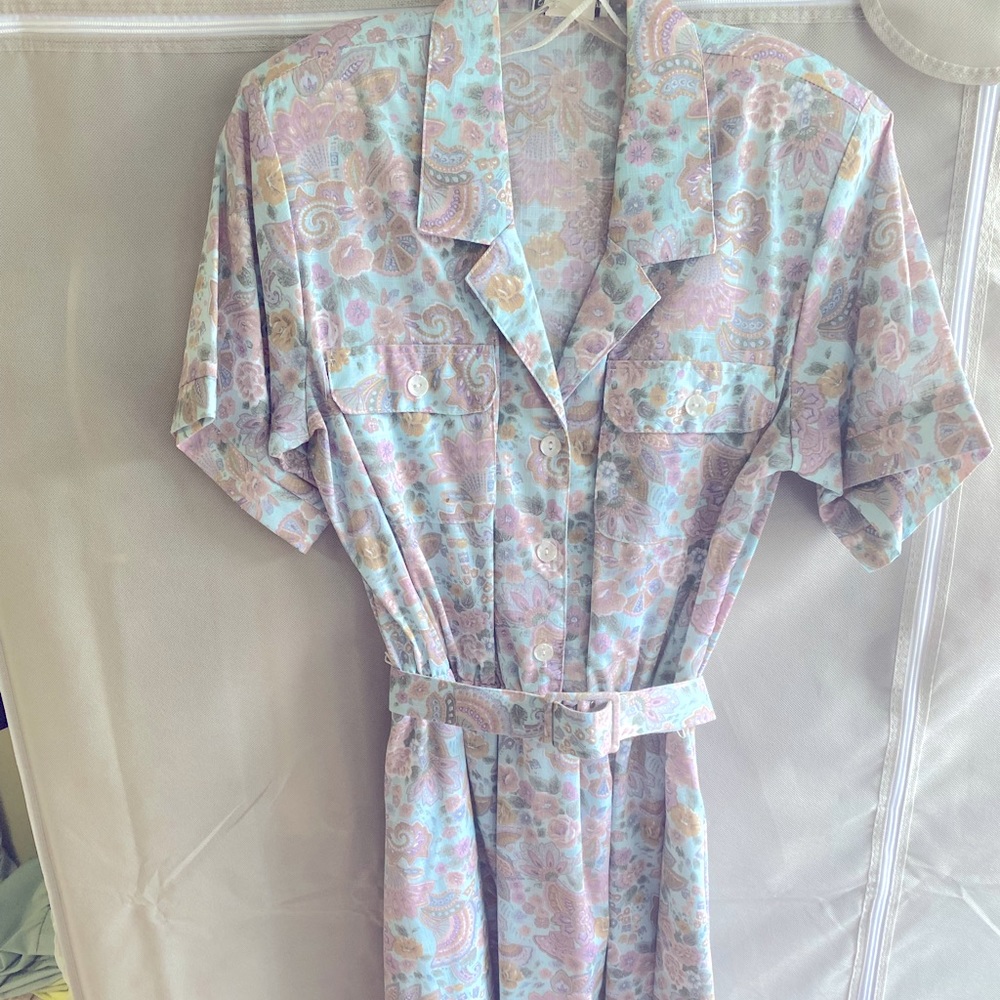 STUART ALAN PETITES- Faded Blue, Pink & Tan dress